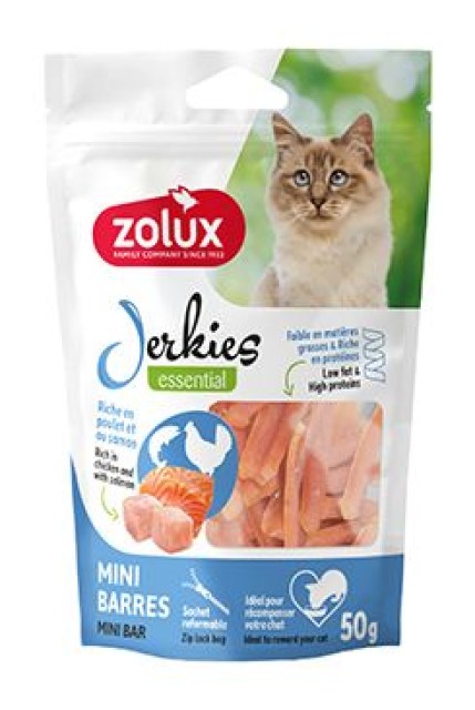 Pochoutka kočka JERKIES MINI tyčinky kuře,losos 50g Zo